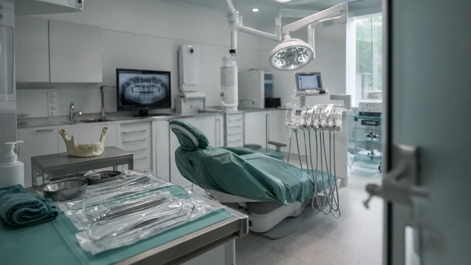 Oral surgeon explaining a dental surgical procedure using a jaw model and imaging