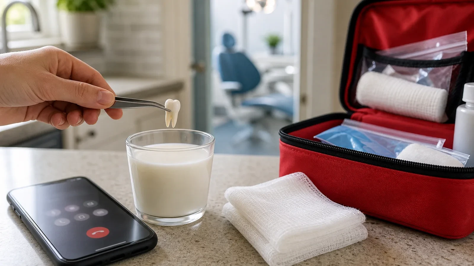 Knocked-out tooth stored in milk with gauze and a phone ready for emergency dental care