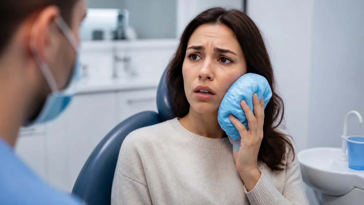 Lost filling emergency visit with exposed tooth model, temporary material, and dental mirror