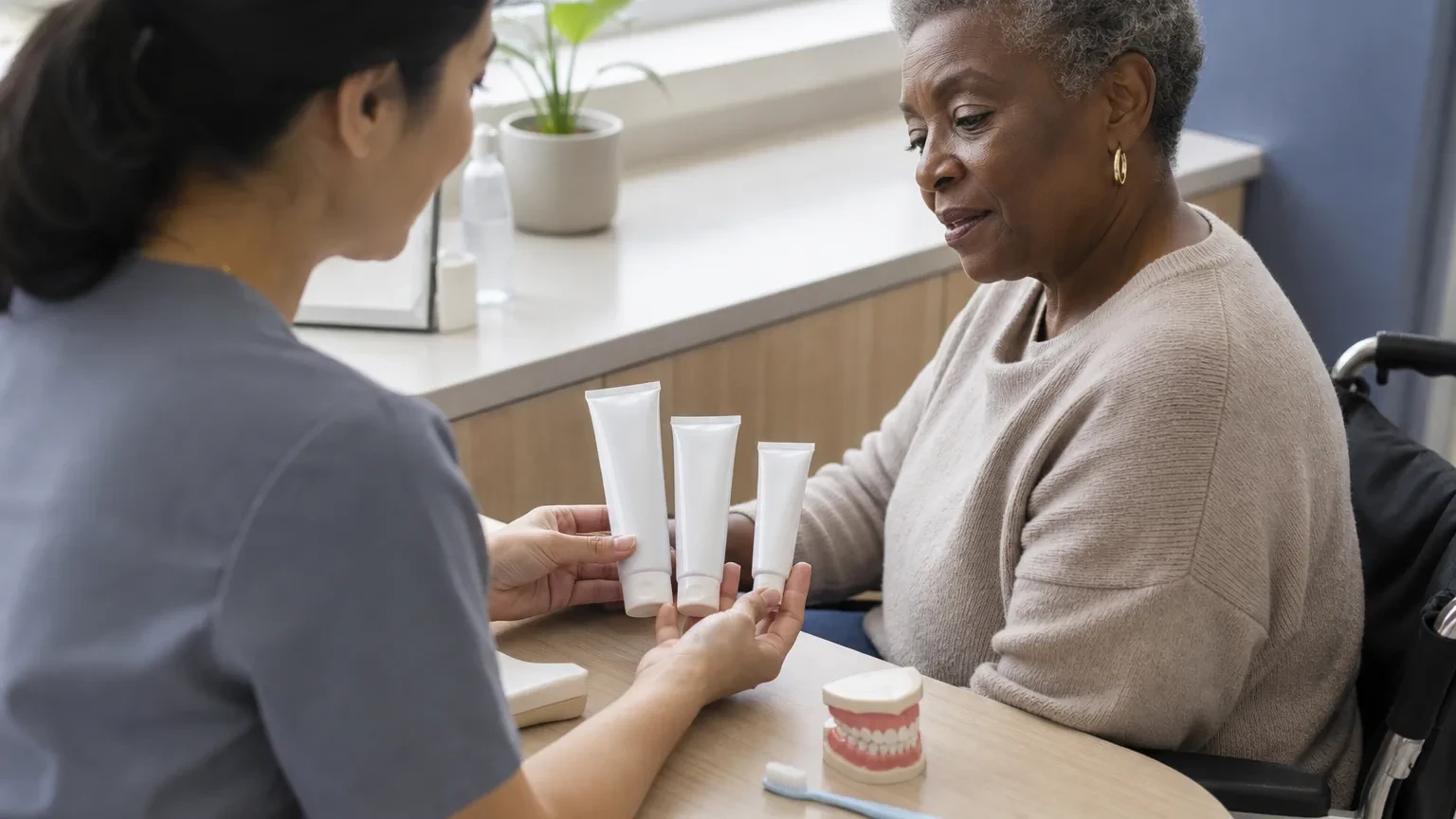 Selection of fluoride toothpaste tubes with a soft toothbrush on a counter