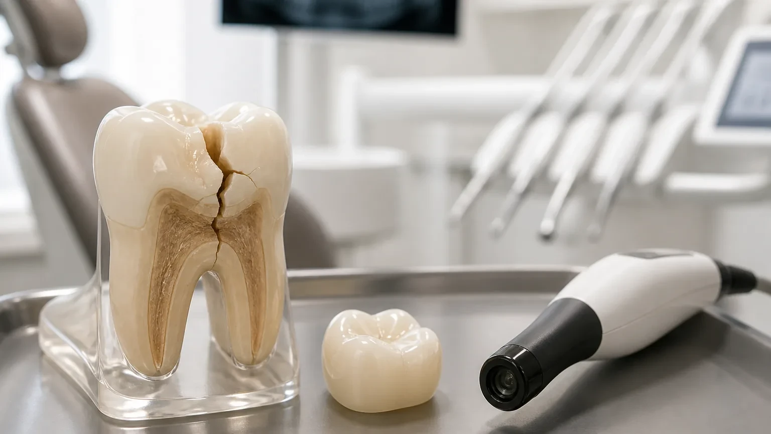 Cracked molar model beside a ceramic crown during a restorative consultation
