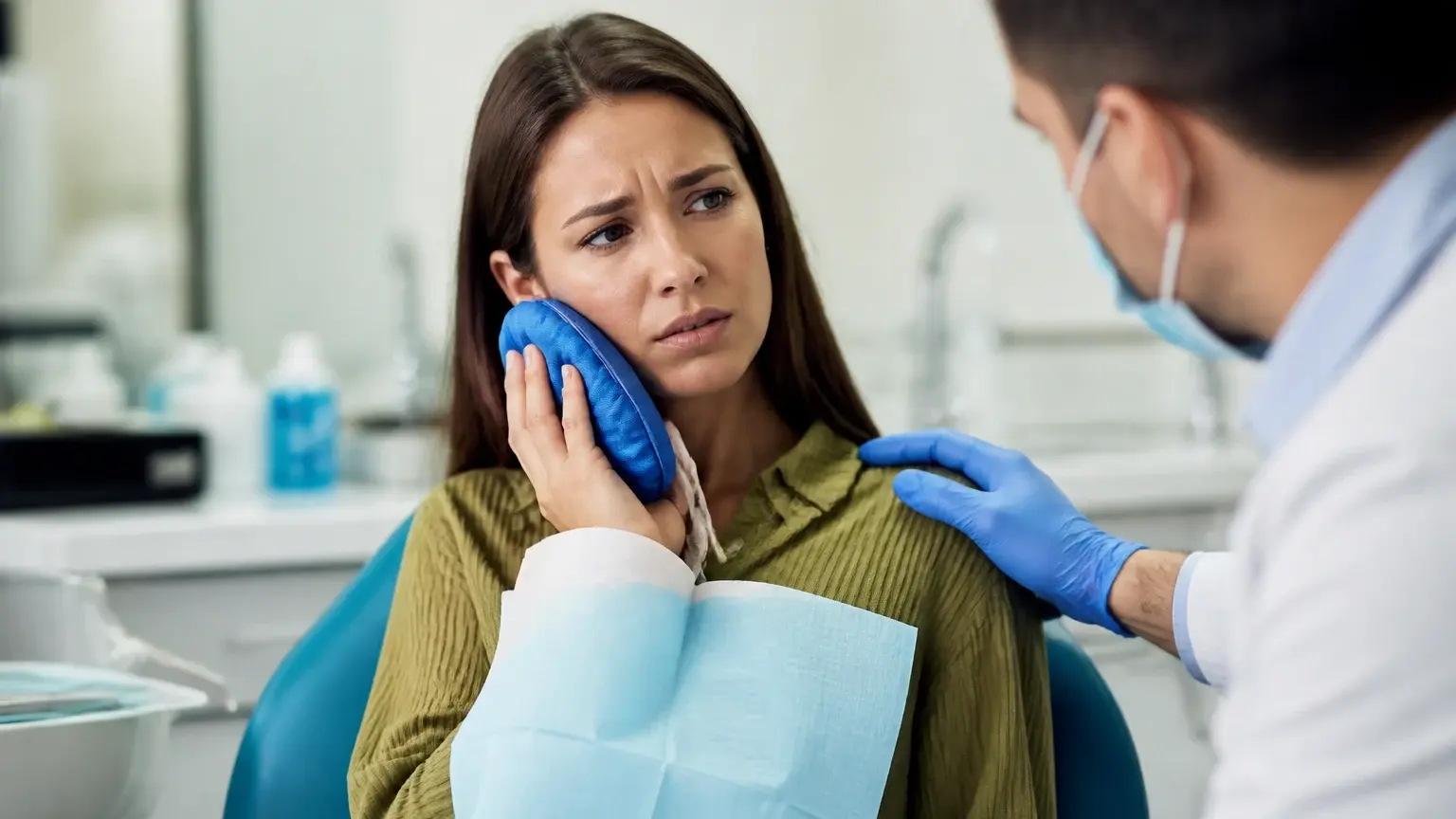 Patient holding sore jaw while a dentist reviews emergency warning signs on a dental x-ray