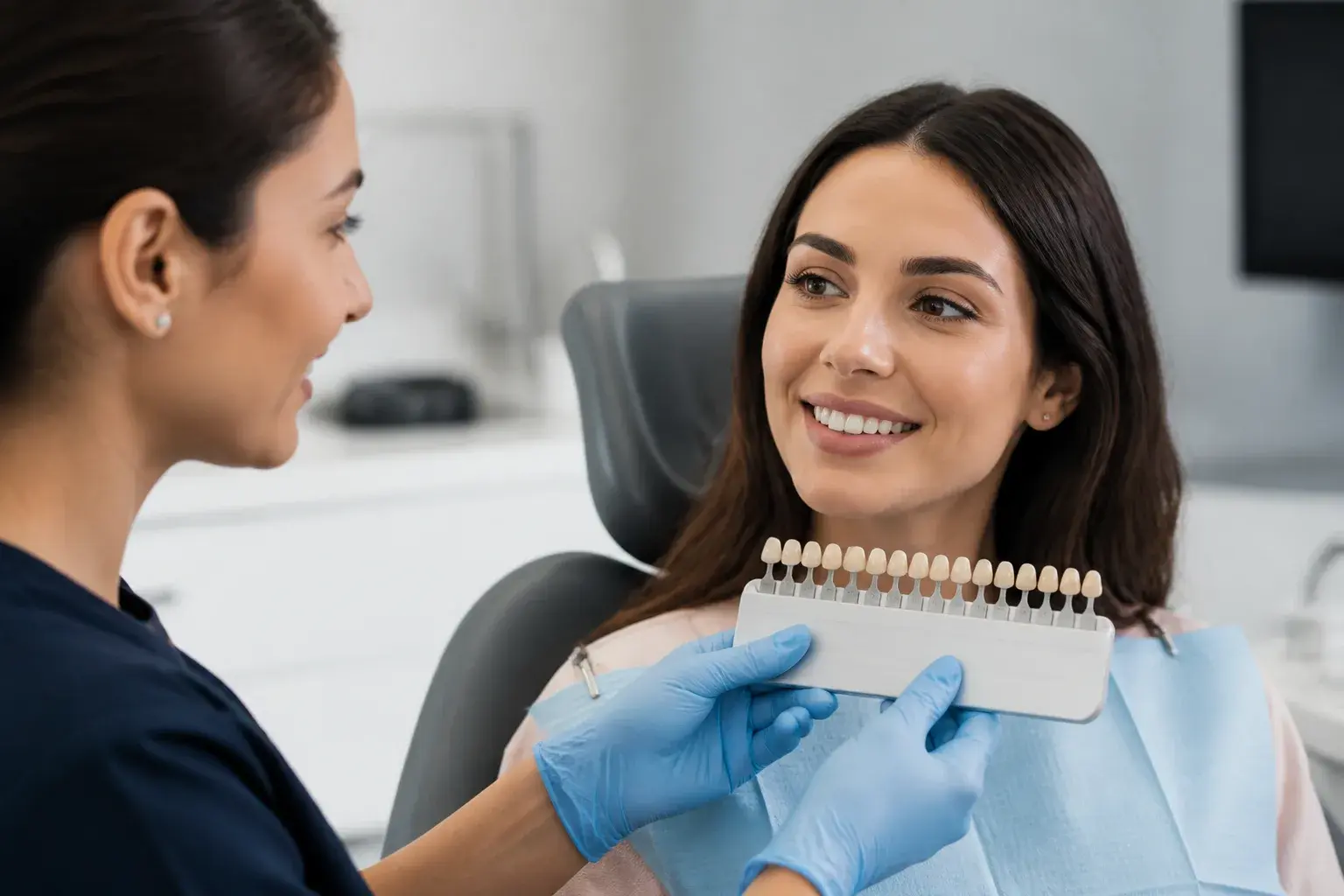 Smile design consultation with veneer shade samples to assess a strong cosmetic candidate