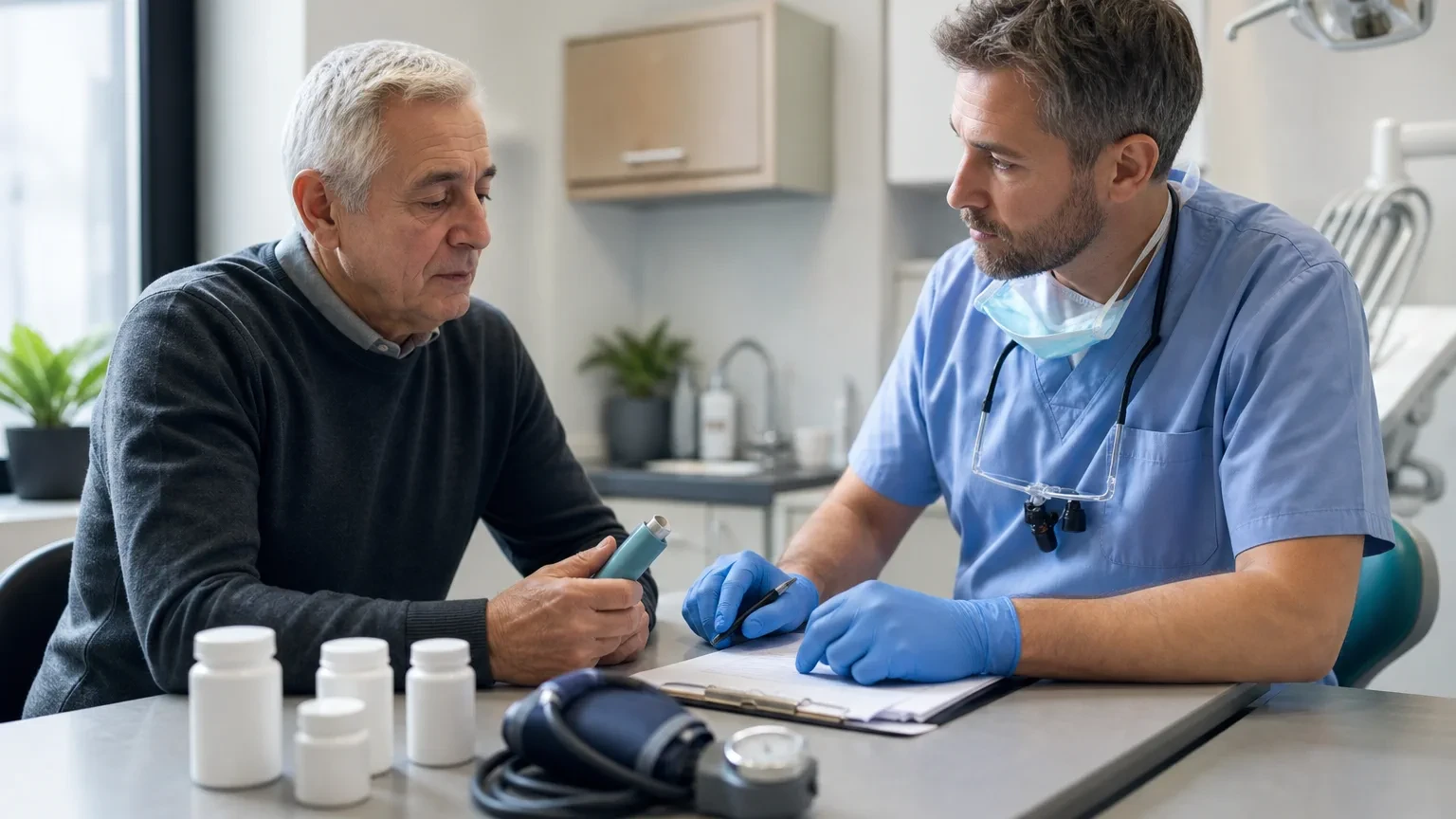 Clinician reviewing a medical history checklist before approving dental sedation