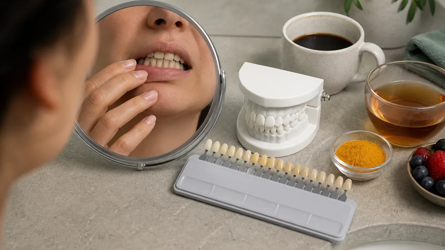Dental shade guide beside yellowed natural teeth during a whitening consultation