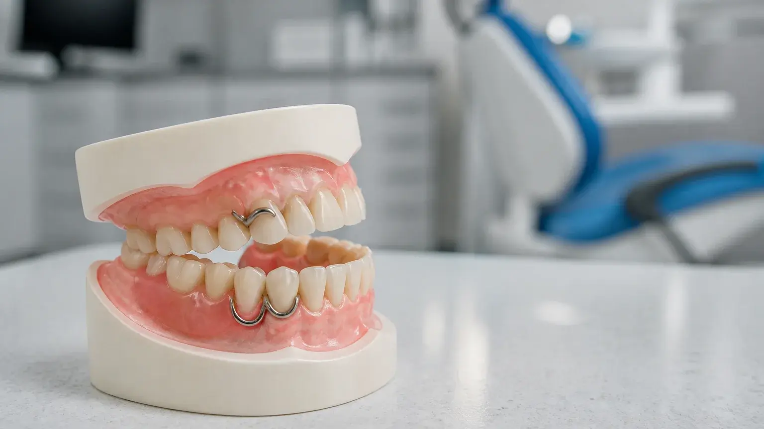Denture prosthesis on a gum model showing sore spots and fit pressure that can cause discomfort