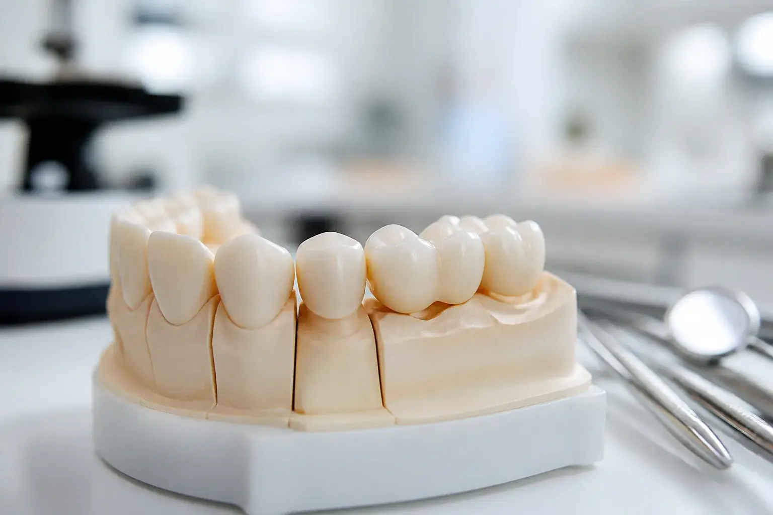 Temporary crown model with bite paper and dental mirror highlighting causes of crown tenderness