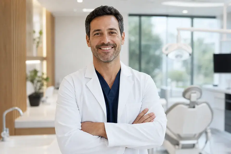 Confident male dentist smiling in a modern dental clinic