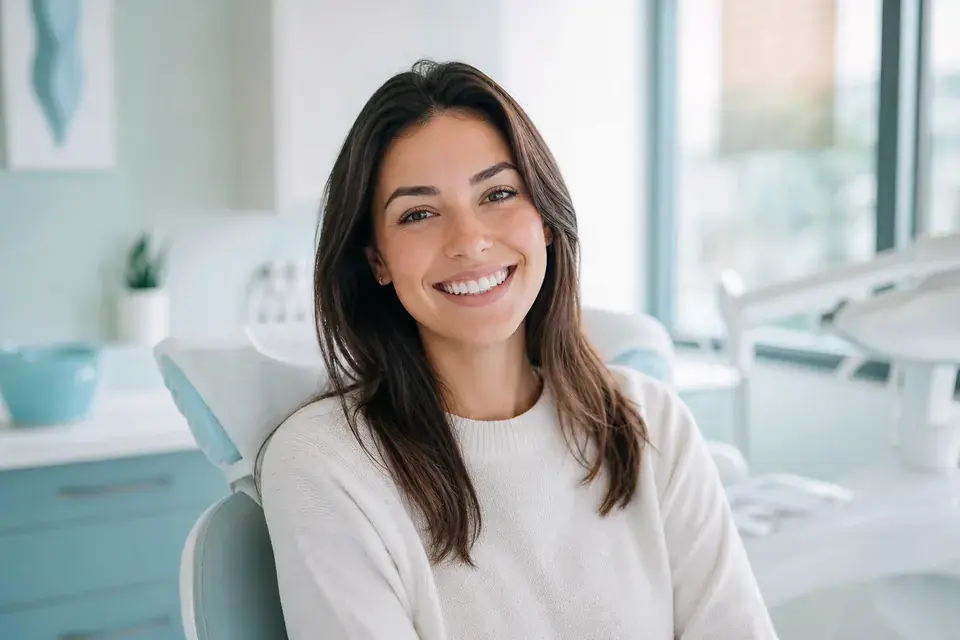 Happy patient with a bright, healthy smile in a modern dental office