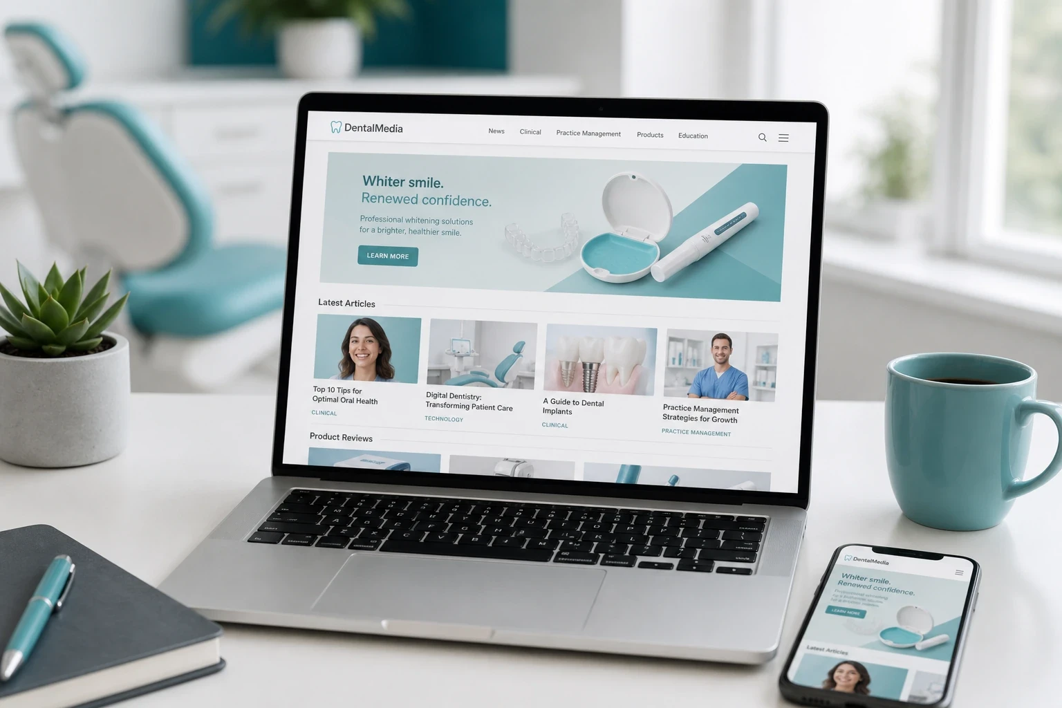 Laptop and phone showing a dental website with a digital display ad banner