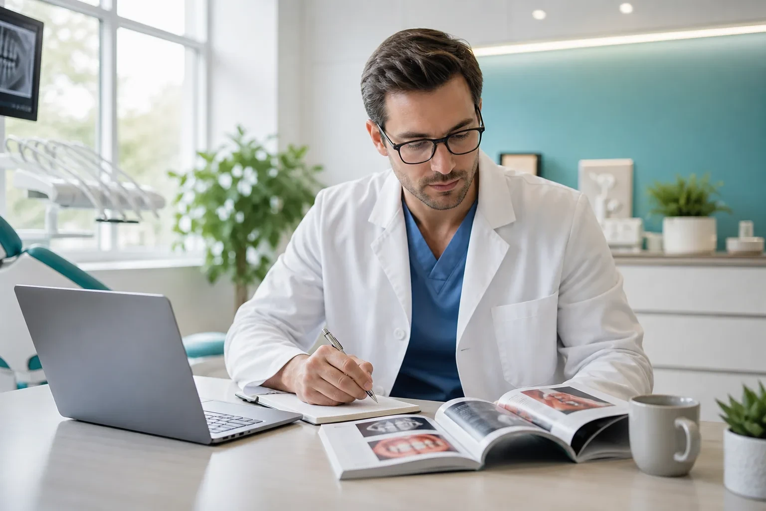 Dentist reading clinical articles at a sunlit desk with notes nearby