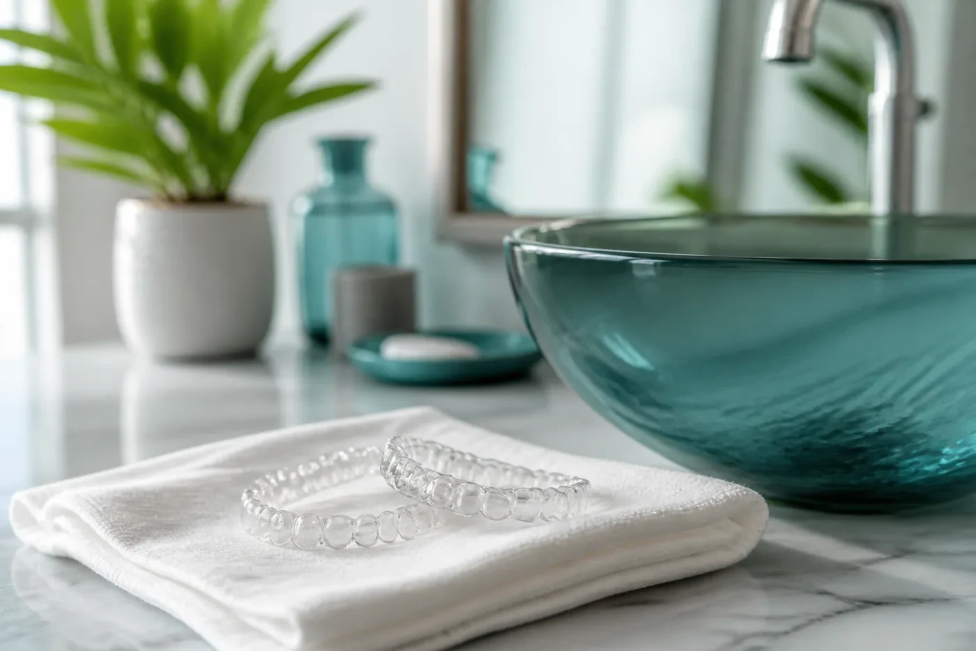 Clear aligner trays on a bright bathroom counter in soft morning light