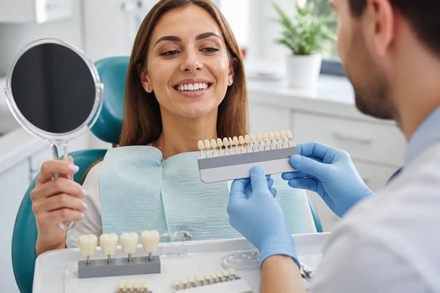Cosmetic smile design consultation with shade guides and mirror