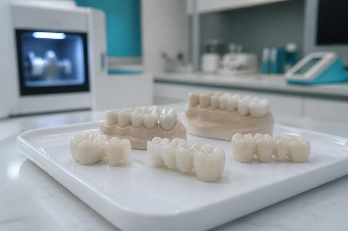 Porcelain crown and bridge models on a dental laboratory tray
