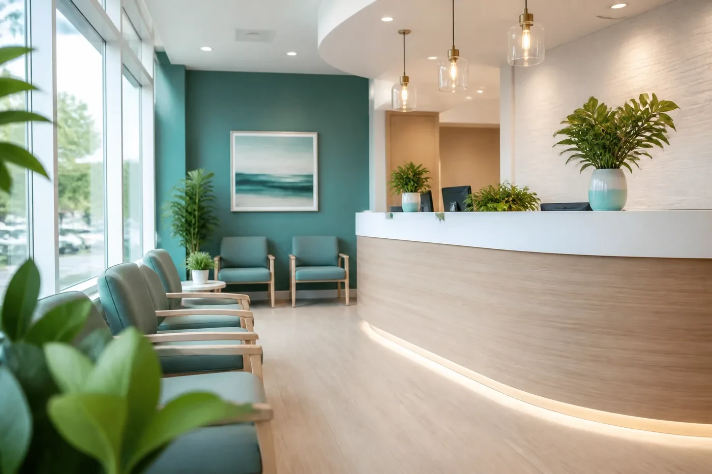 Bright modern dental clinic reception with soft daylight and calm teal accents