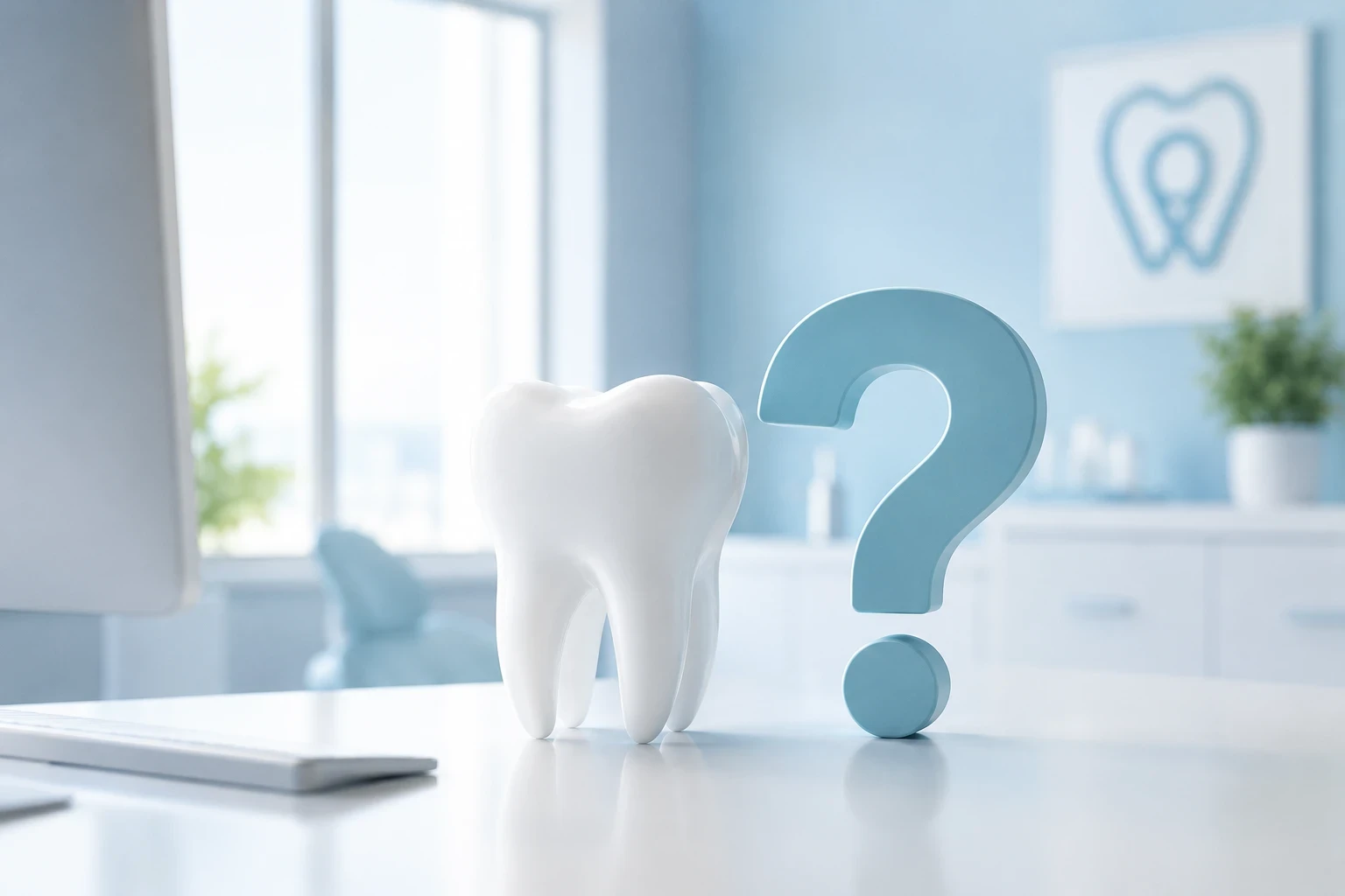 White molar tooth model and light blue question mark on a desk in a bright modern dental office