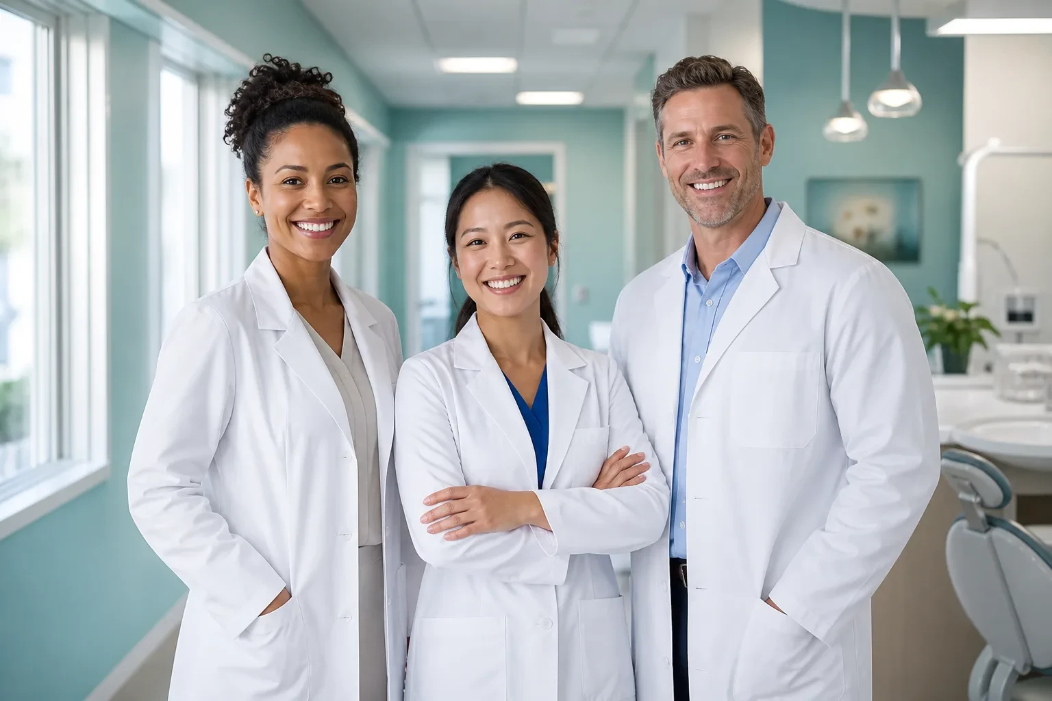 Smiling dental team in white coats gathered in a bright clinic hallway