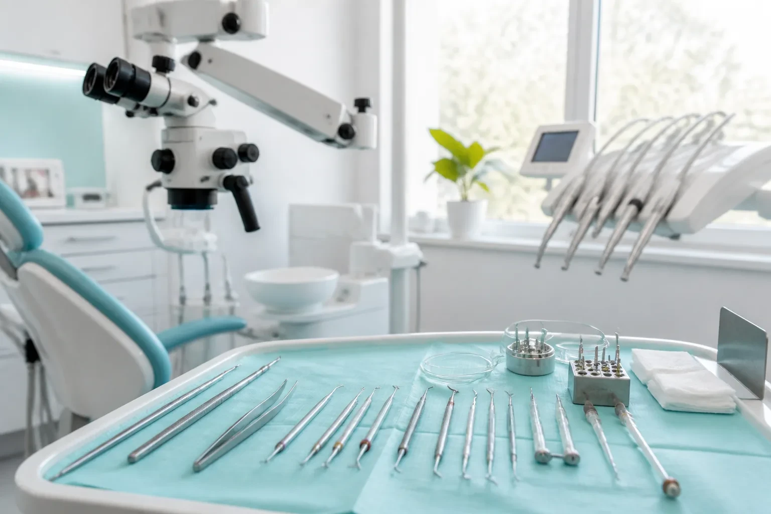 Endodontic microscope and instruments prepared for root canal care