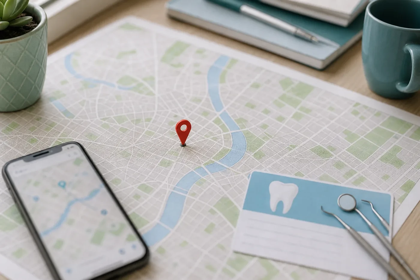 City map with a location pin and phone on a desk for finding a nearby dentist