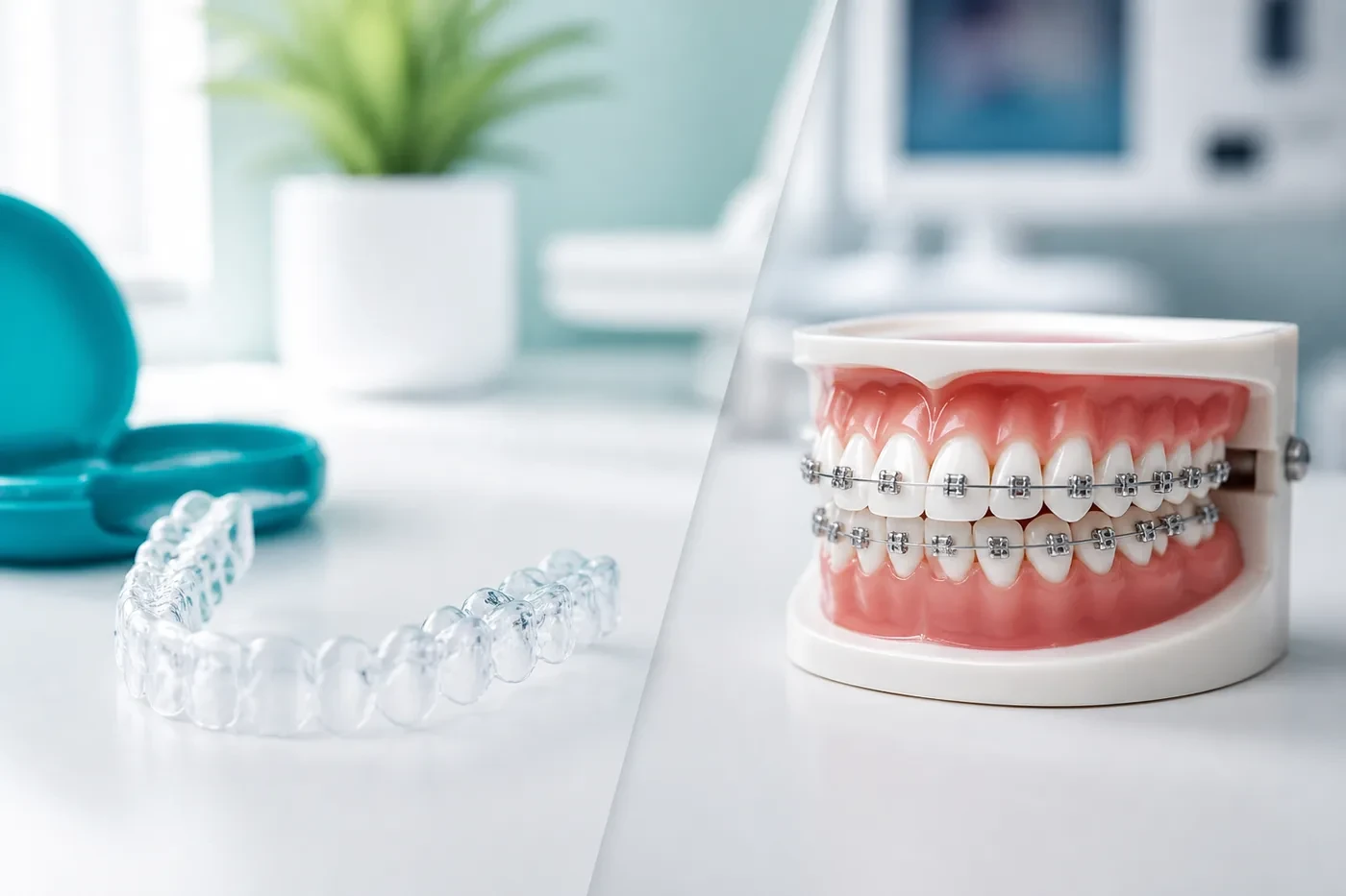 Clear aligners beside traditional braces models for comparison
