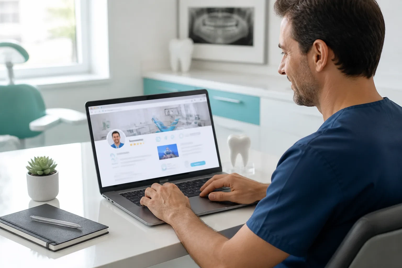 Practice owner reviewing a dental listing profile on a laptop