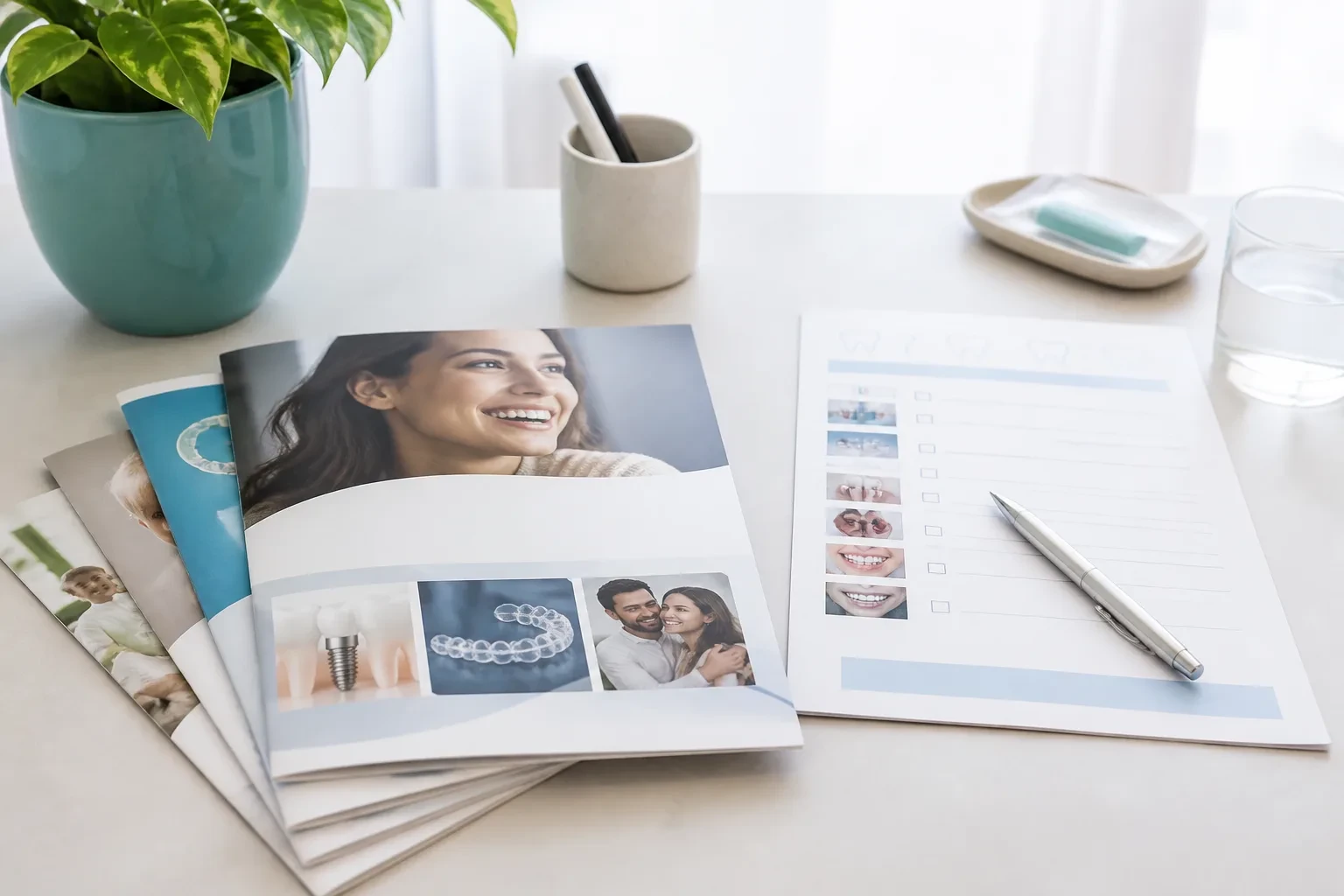 Curated dental guide booklets and a checklist on a clean desk