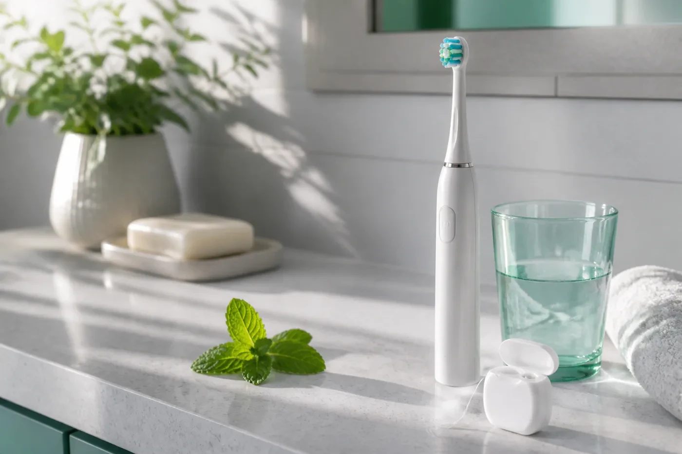 Electric toothbrush and floss arranged for everyday oral home care