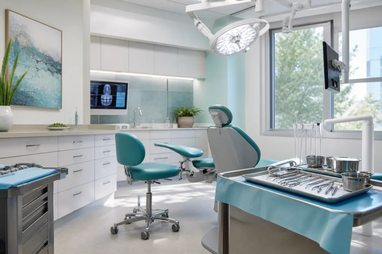 Oral surgery consultation room with sterile trays and surgical lights