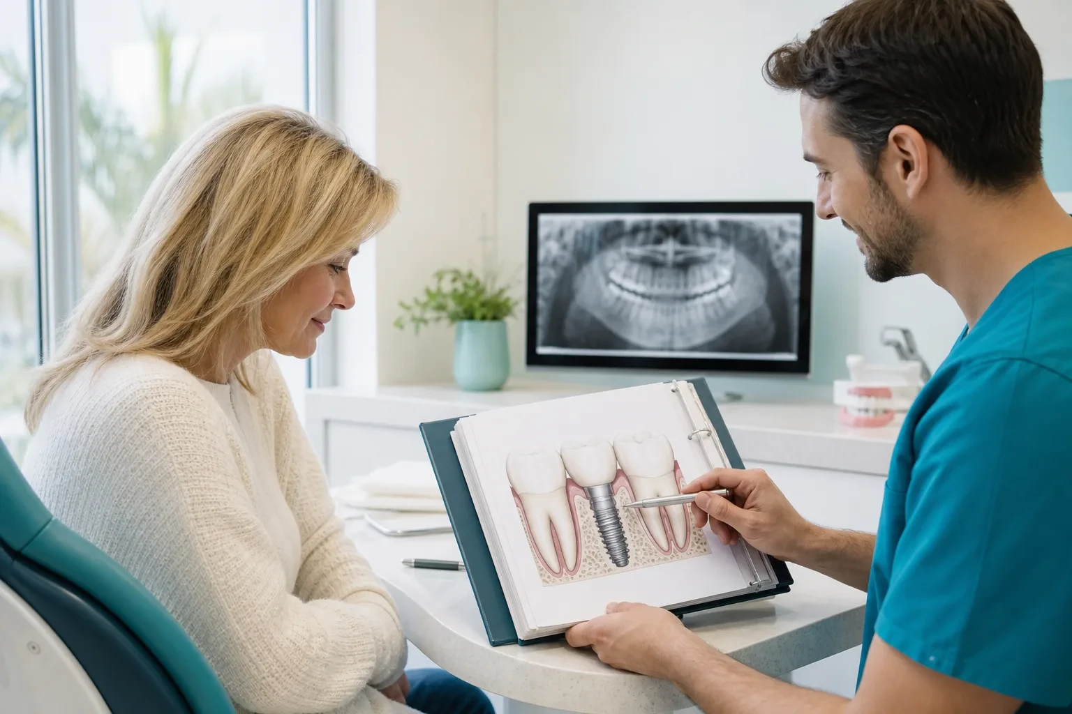 Patient reviewing a dental implant treatment plan with a clinician