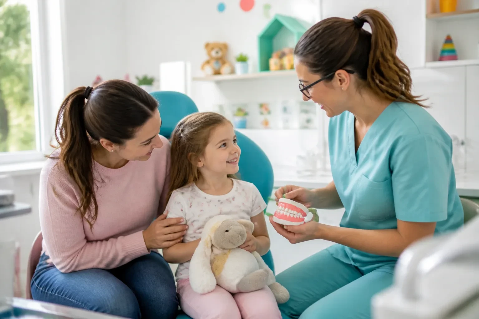 Parent and child talking with a pediatric dentist in a friendly clinic