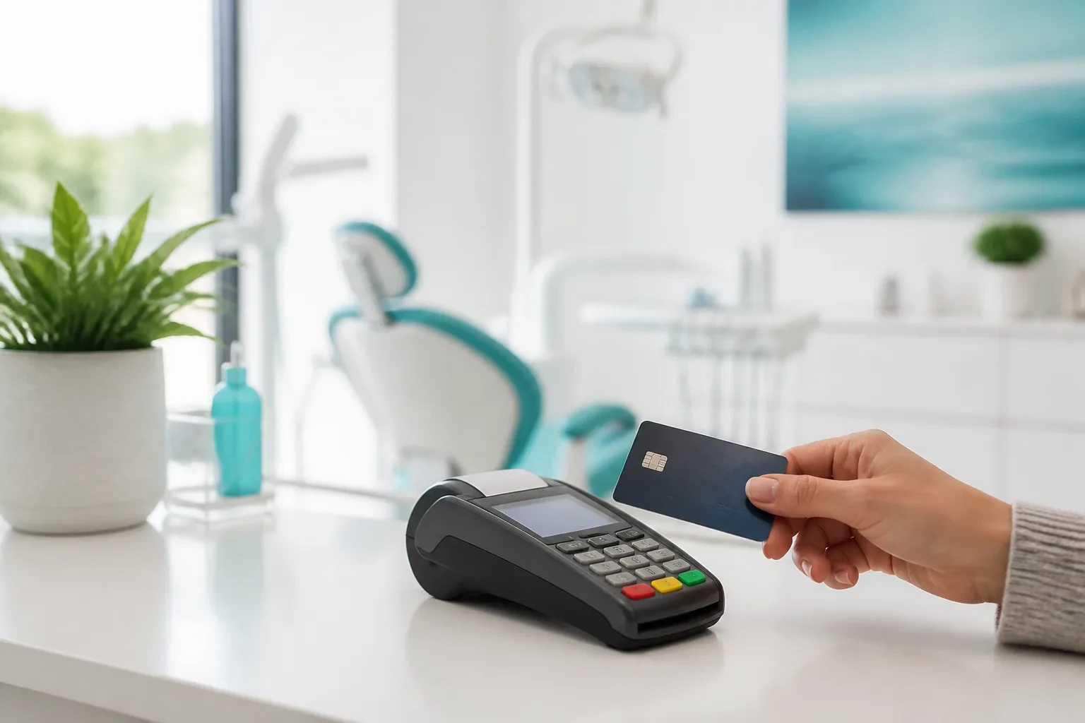 Secure payment terminal and card on a clean checkout desk