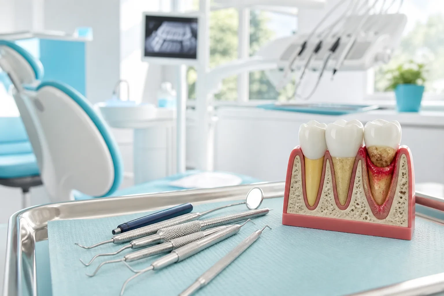 Periodontal charting tools and gum-health model on a clinical tray