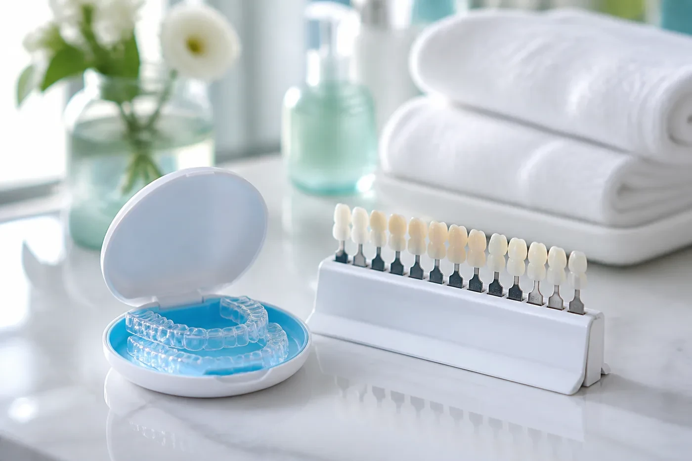 Professional teeth whitening trays and shade guide in a bright clinic