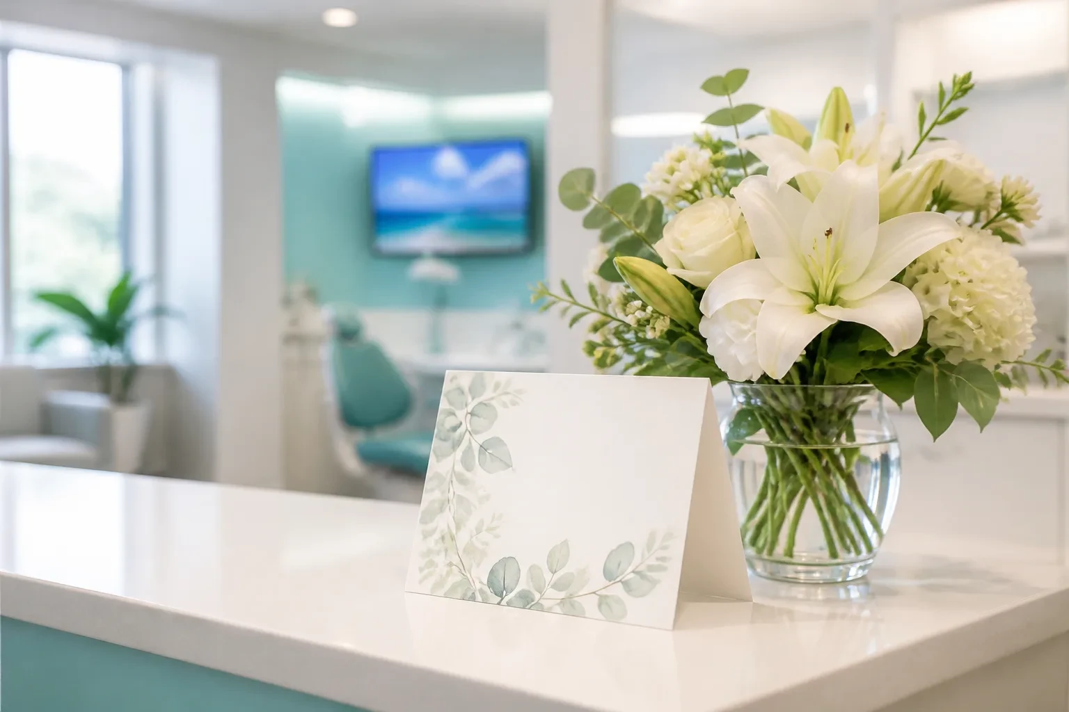 Friendly thank-you card and flowers on a bright reception counter