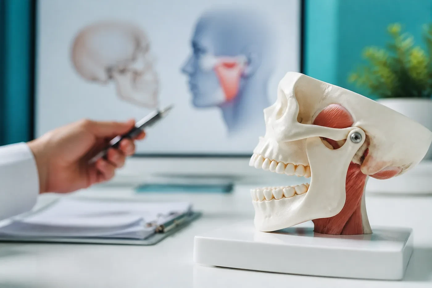 Anatomical jaw model used to explain TMJ and bite pain