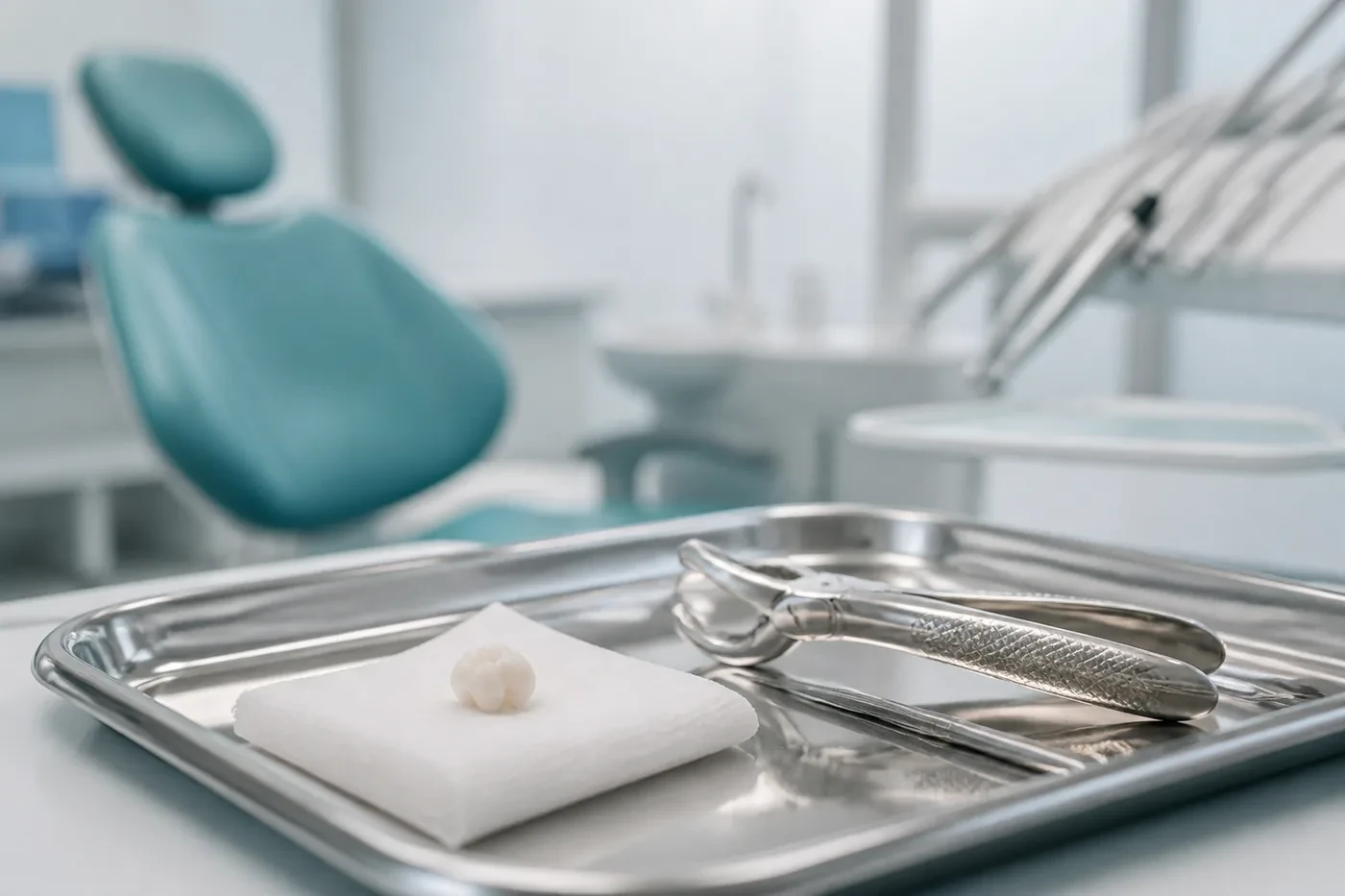 Sterile dental forceps and gauze prepared for tooth extraction