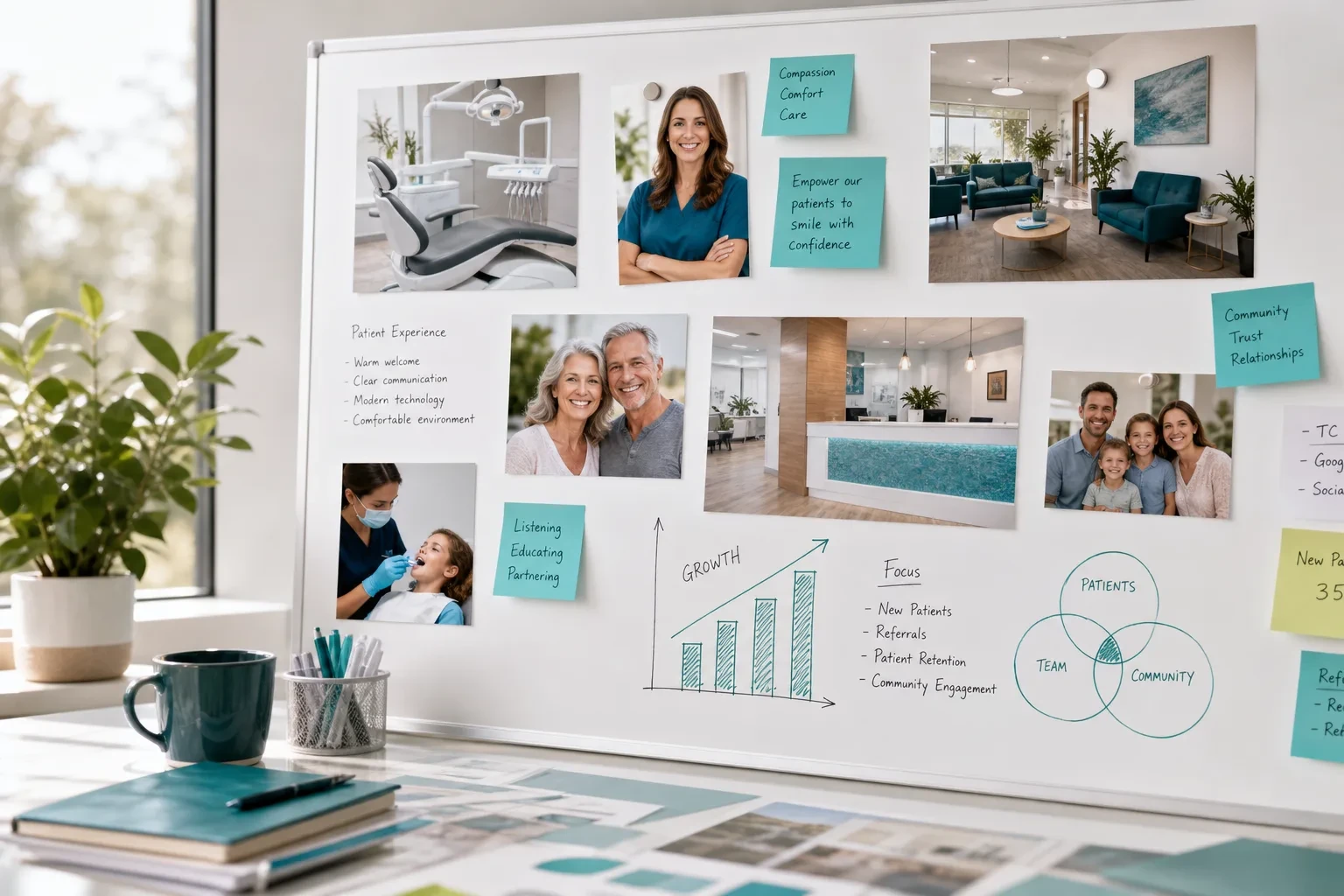 Dental marketing mood board with practice growth notes