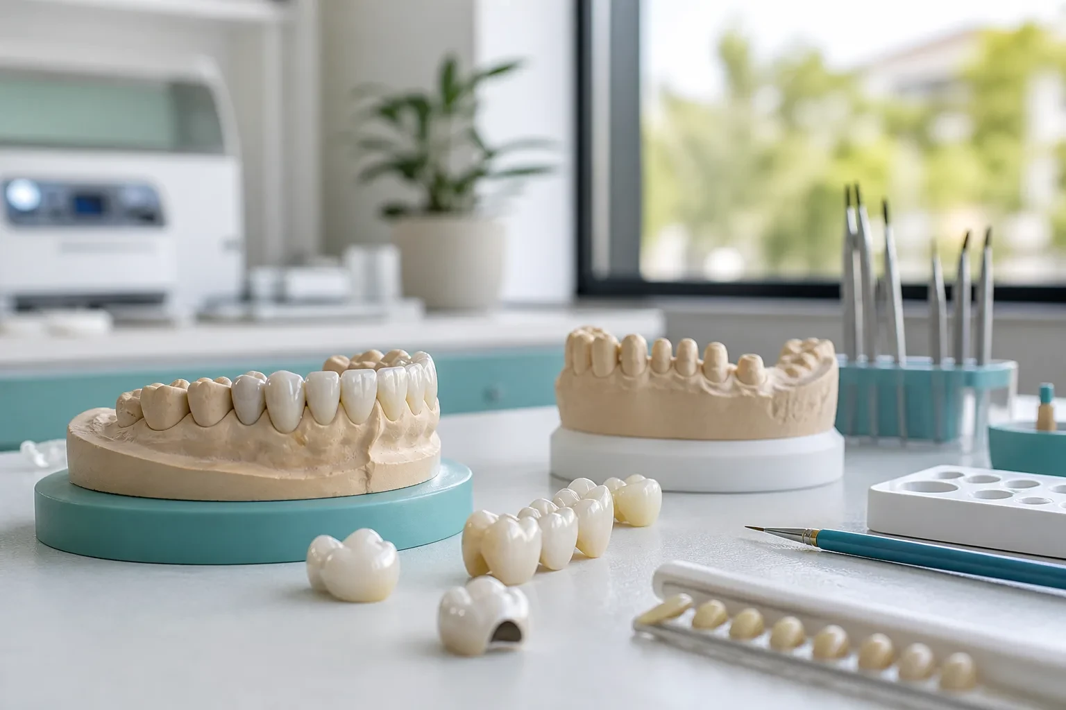 Prosthodontic crown and bridge cases on a lab bench