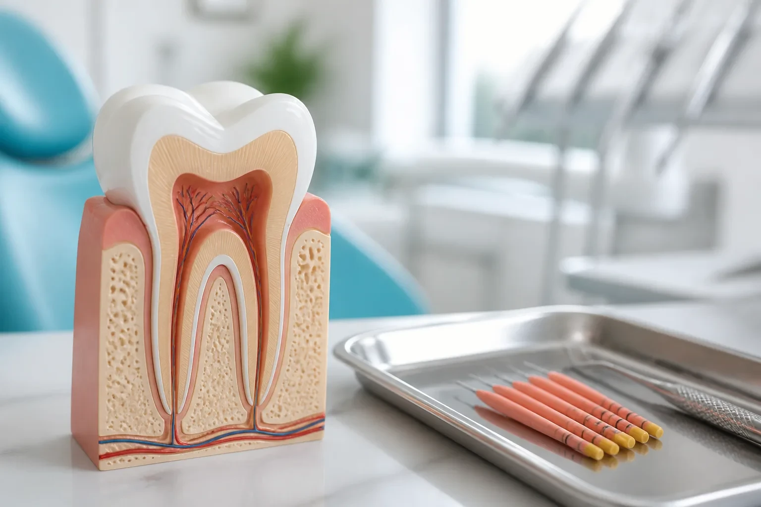 Root canal therapy illustration model next to gutta-percha points