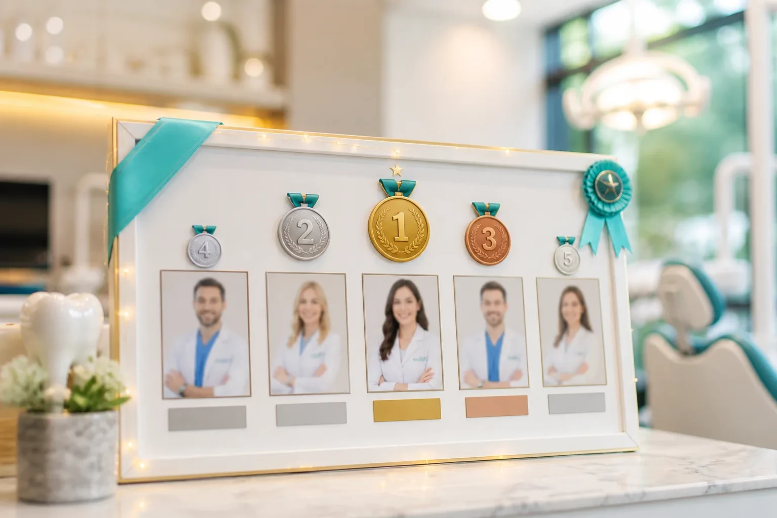 Top-five ranking medals and dentist portraits on a celebratory board