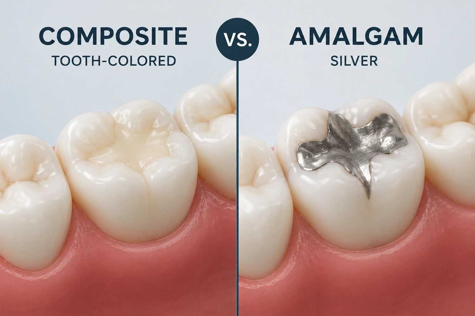 Tooth-colored composite restoration contrasted with a silver amalgam filling on dental models