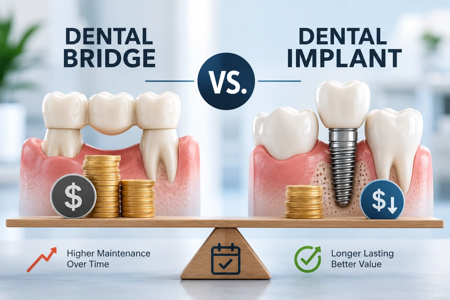 Side-by-side dental bridge and single-tooth implant models used to replace a missing tooth