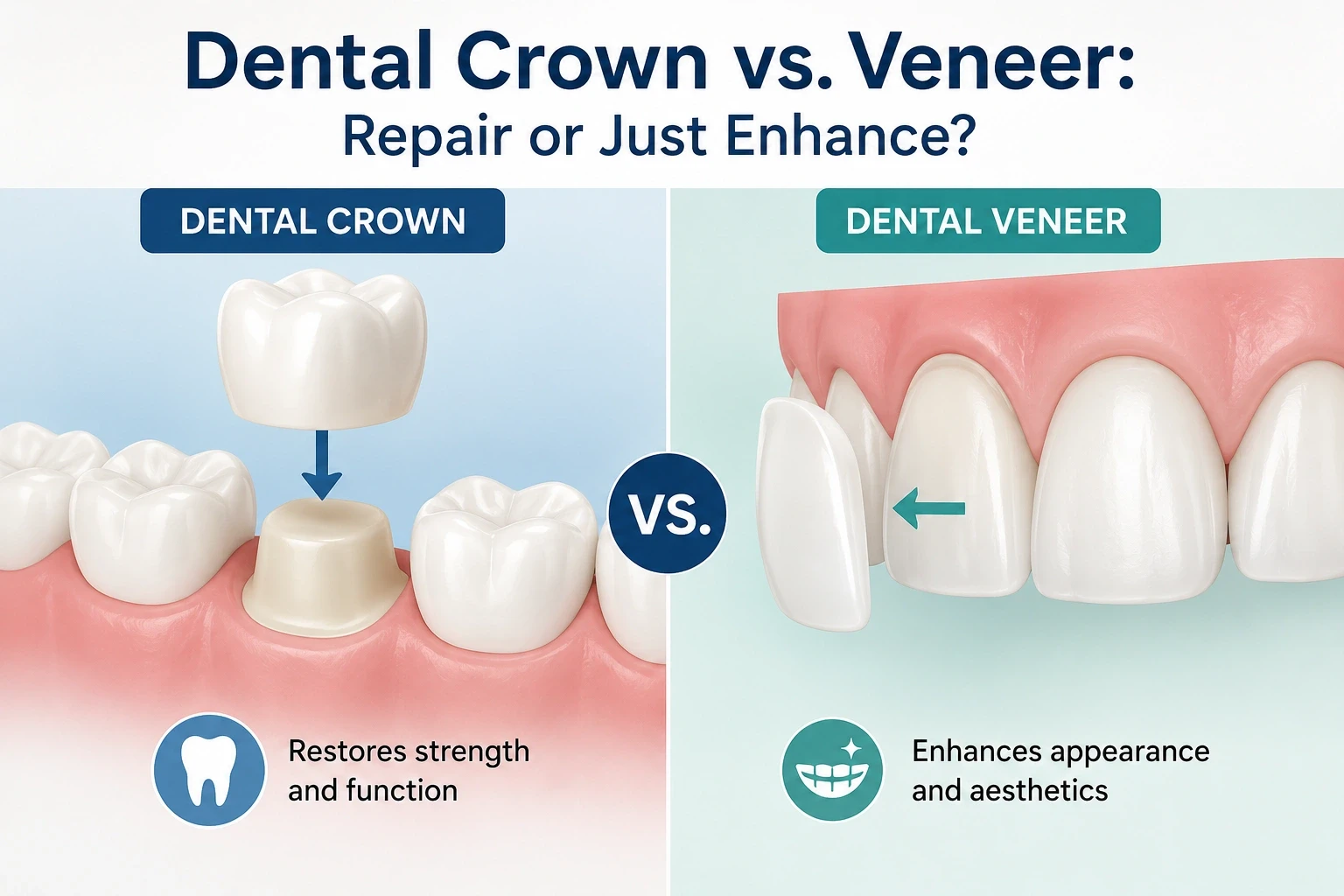Dental crown and porcelain veneer samples showing full coverage versus front-surface smile enhancement