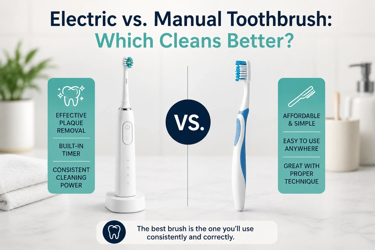 Electric toothbrush and manual toothbrush on a bathroom counter ready for a morning cleaning routine