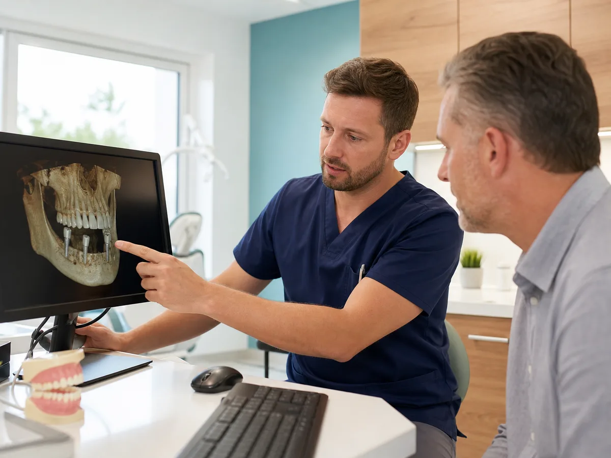 Dentist explaining a 3D jaw CBCT scan to a patient considering dental implants
