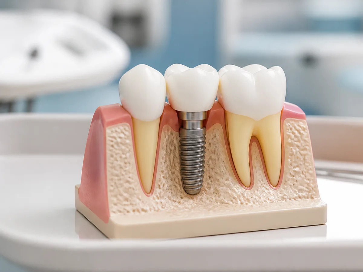 Close-up of a dental implant model showing the post, abutment, and crown beside natural teeth