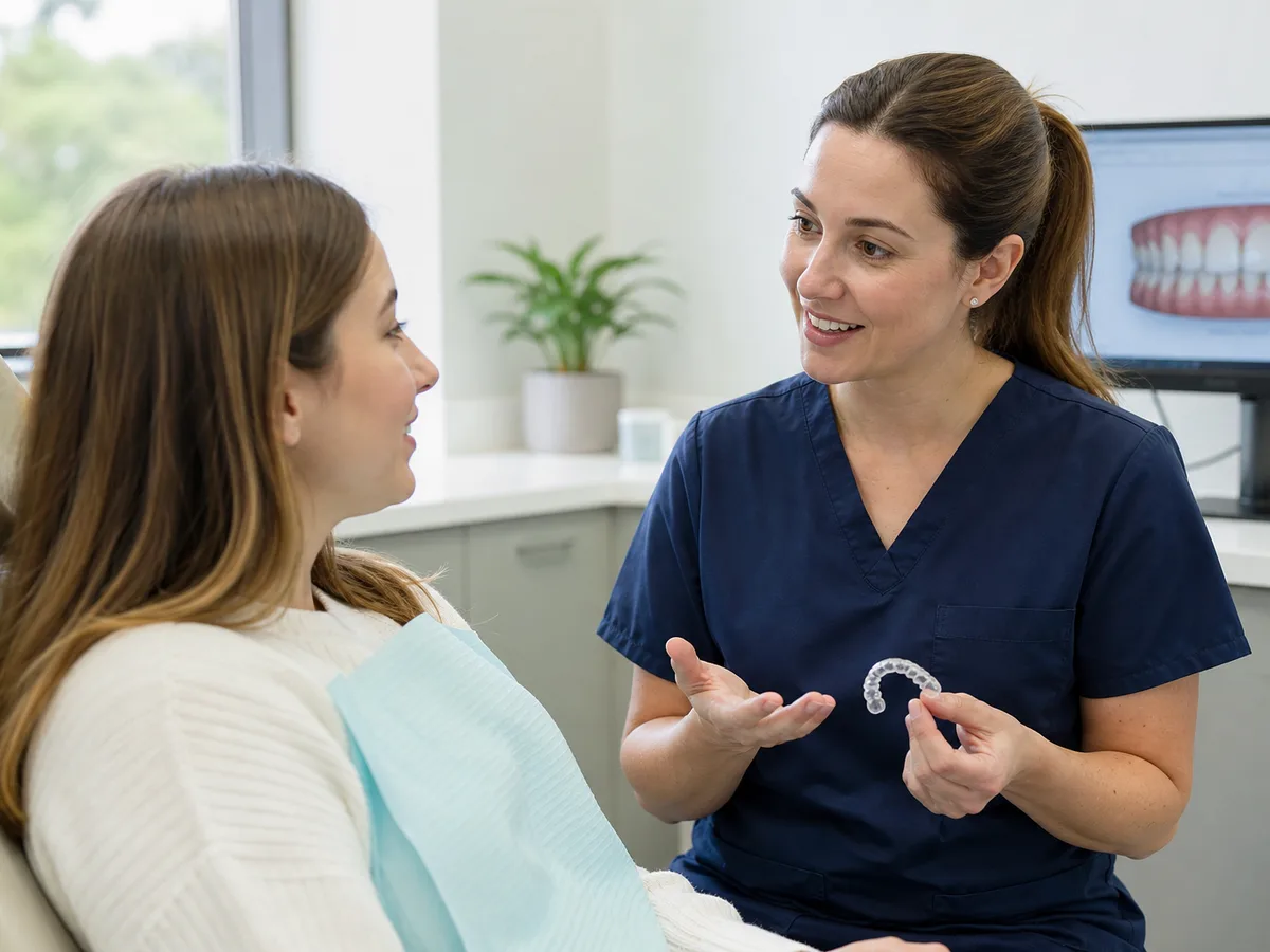 Patient describing aligner discomfort to a dental team at a checkup