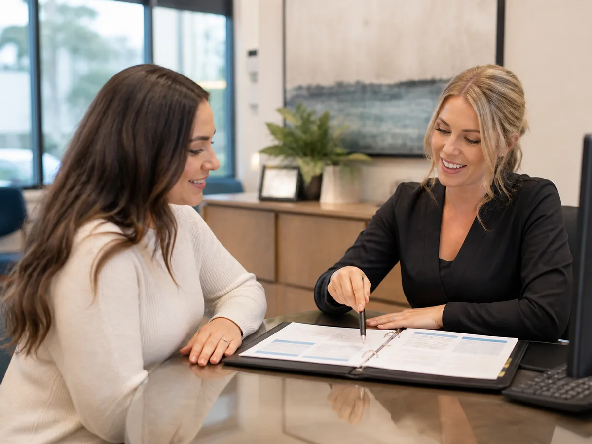 Treatment coordinator explaining monthly dental payment plan terms with a printed contract