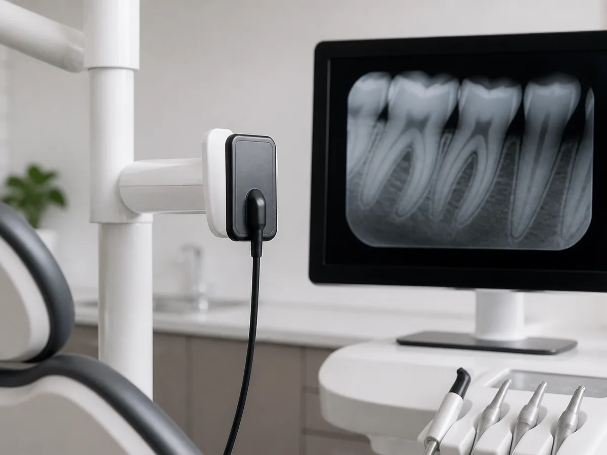 Digital dental sensor and lead apron prepared for low-dose bitewing X-rays