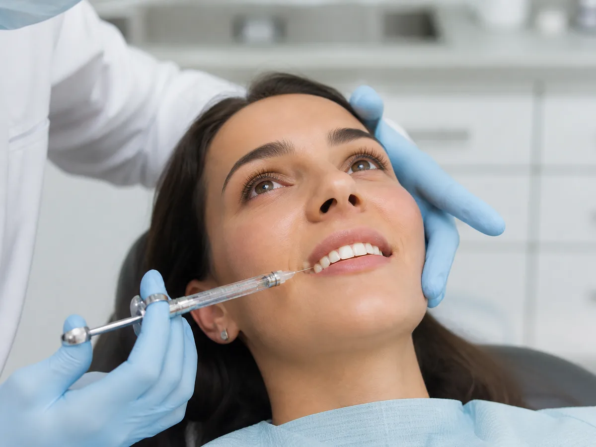 Dental assistant checking patient comfort before veneer bonding begins
